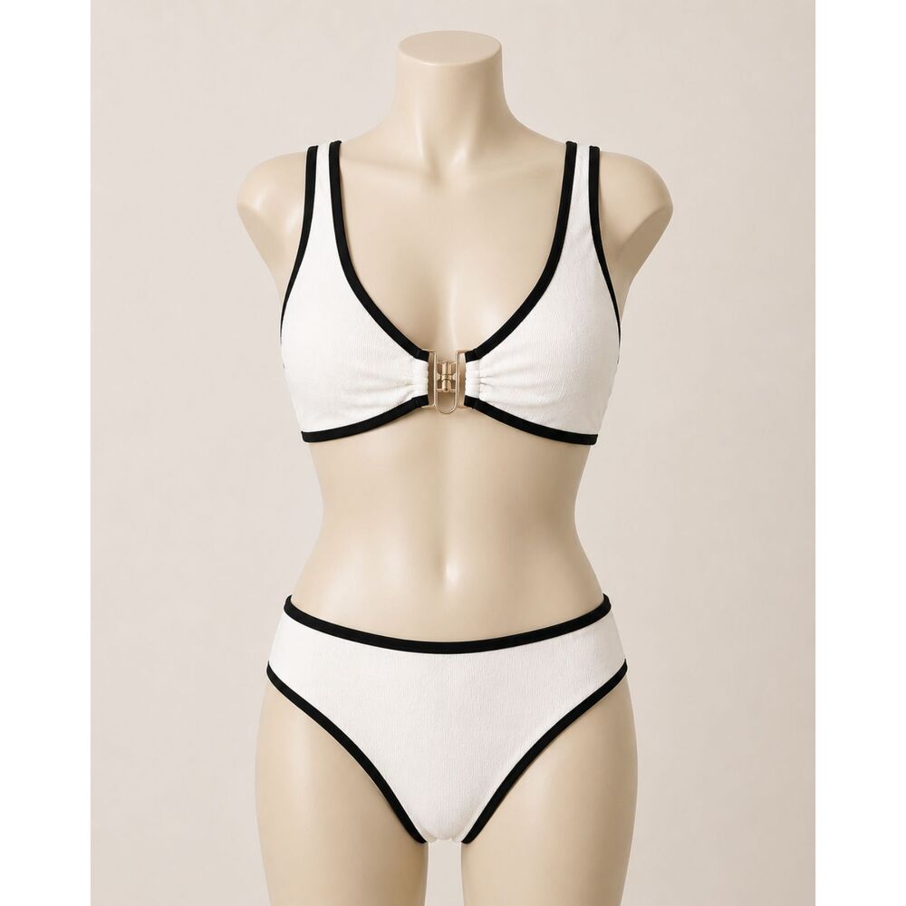 Swimall Ivory Black Bikini Set Gold Clasp High Waist Bralette Size L NWT